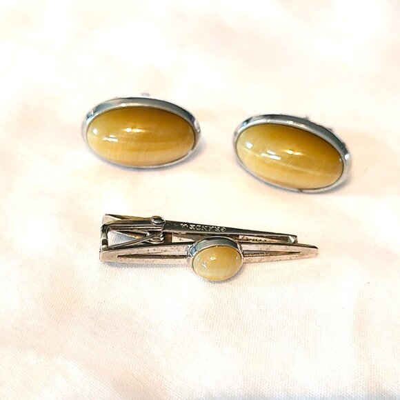 Vintage P.m.P. Cufflinks Tie Tack Clip Polished Stone Men's Accessories Set - Picture 1 of 9